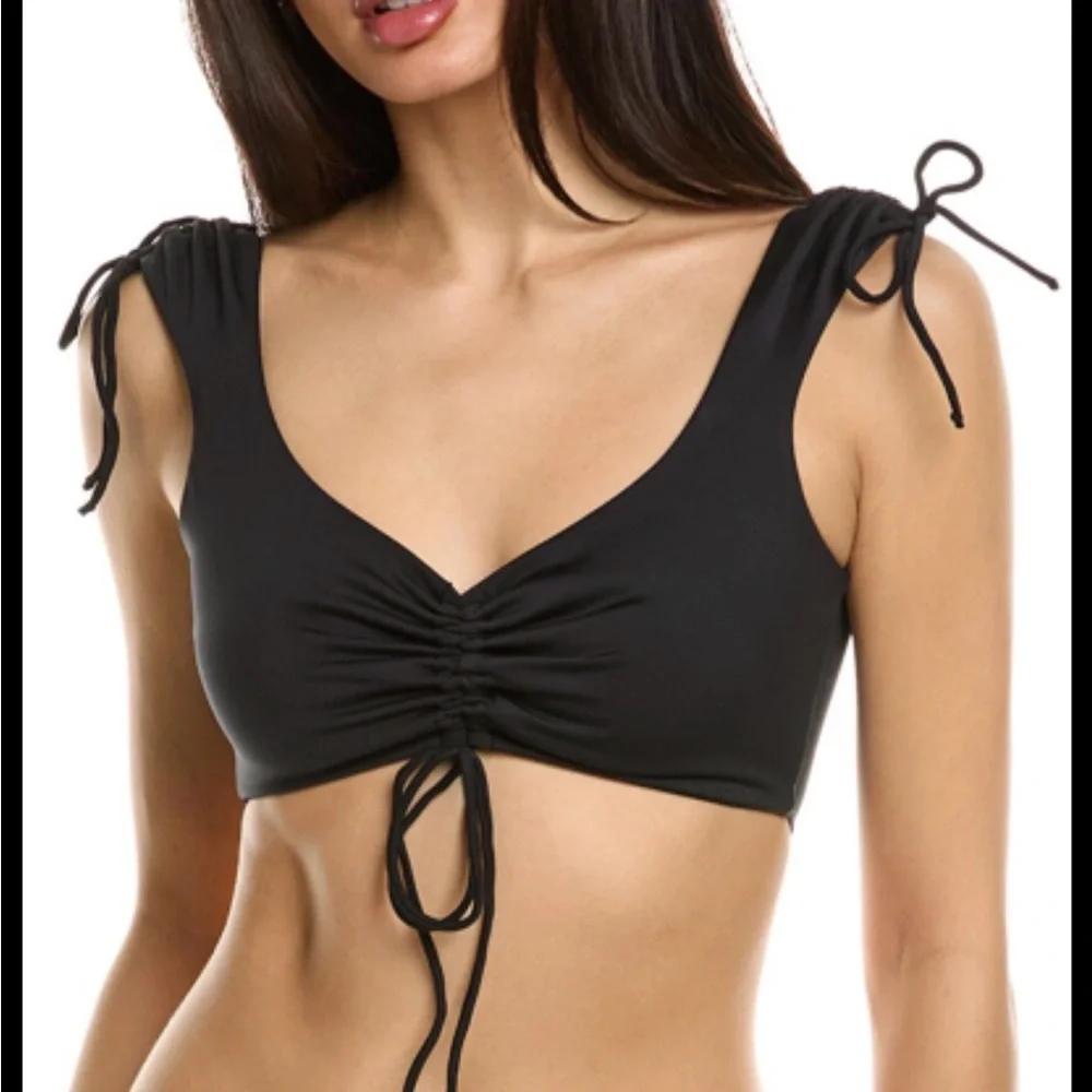 Frankie's Bikinis Windy Ruched Black Active Top Medium NWT
